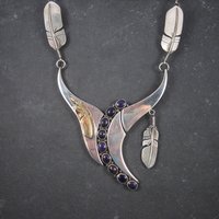 Navajo Sugilite Feather Necklace Wilbert Vandever Sterling Silver and 14K Yellow Gold
