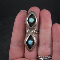 Long Vintage Turquoise Shadowbox Ring Dead Pawn Size 5