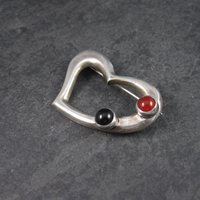 Vintage Sterling Carnelian Onyx Heart Brooch