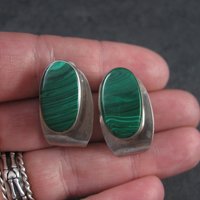 Vintage Mexican Sterling Malachite Clip On Earrings