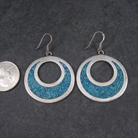 Vintage Mexican Sterling Turquoise Chip Circle Dangle Earrings