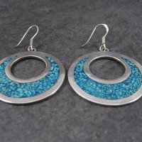 Vintage Mexican Sterling Turquoise Chip Circle Dangle Earrings