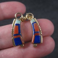 Vintage 14K Lapis Lazuli and Coral Inlay Earrings Native American Navajo