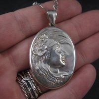 Vintage Sterling Art Nouveau Lady Pendant Filigree Necklace