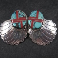 Large Vintage Sterling Navajo Turquoise Coral Inlay Earrings