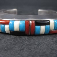 Huge Vintage Square Navajo Turquoise Coral Inlay Cuff Bracelet 6.75 Inches