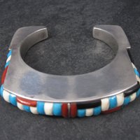 Huge Vintage Square Navajo Turquoise Coral Inlay Cuff Bracelet 6.75 Inches