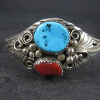 Vintage Navajo Turquoise Coral Cuff Bracelet 6.5 Inches Augustine Largo