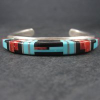 Estate Sterling Zuni Raised Inlay Turquoise Coral Onyx Cuff Bracelet 6 Inches