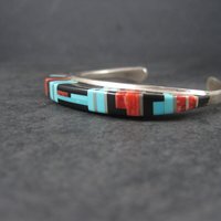 Estate Sterling Zuni Raised Inlay Turquoise Coral Onyx Cuff Bracelet 6 Inches