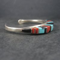 Estate Sterling Zuni Raised Inlay Turquoise Coral Onyx Cuff Bracelet 6 Inches