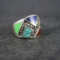 Wide Vintage Marcasite Inlay Band Ring Sterling Size 8