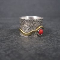 Vintage 90s Sterling Red Glass Fidget Spinner Worry Ring Size 6