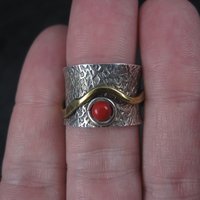 Vintage 90s Sterling Red Glass Fidget Spinner Worry Ring Size 6