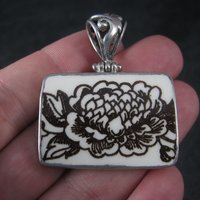 Vintage Sterling Floral Pottery Pendant Necklace