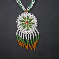 Vintage Sioux Orange Green White Beaded Necklace 26 Inches
