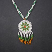 Vintage Sioux Orange Green White Beaded Necklace 26 Inches