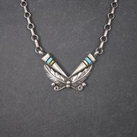 Vintage Southwestern Sterling Turquoise Inlay Feather Necklace
