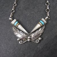 Vintage Southwestern Sterling Turquoise Inlay Feather Necklace
