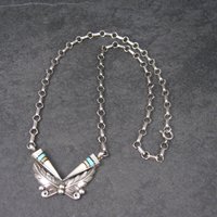 Vintage Southwestern Sterling Turquoise Inlay Feather Necklace