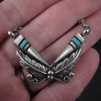 Vintage Southwestern Sterling Turquoise Inlay Feather Necklace