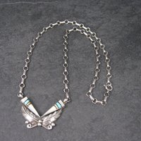 Vintage Southwestern Sterling Turquoise Inlay Feather Necklace