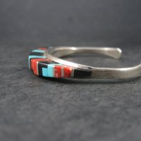 Estate Sterling Zuni Raised Inlay Turquoise Coral Onyx Cuff Bracelet 6 Inches