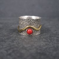 Vintage 90s Sterling Red Glass Fidget Spinner Worry Ring Size 6