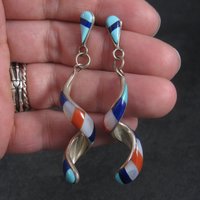 Vintage Southwestern Sterling Red White Blue Inlay Earrings