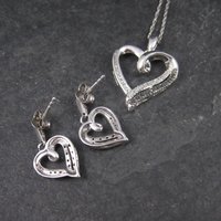 Vintage 90s Sterling Black and White Diamond Heart Pendant Necklace and Earrings Jewelry Set