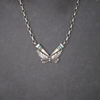 Vintage Southwestern Sterling Turquoise Inlay Feather Necklace