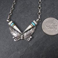 Vintage Southwestern Sterling Turquoise Inlay Feather Necklace