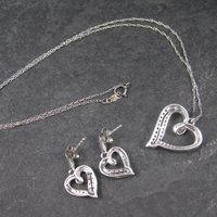 Vintage 90s Sterling Black and White Diamond Heart Pendant Necklace and Earrings Jewelry Set