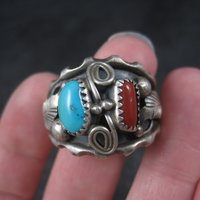 Mens Vintage Navajo Turquoise and Coral Ring Size 13