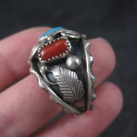 Mens Vintage Navajo Turquoise and Coral Ring Size 13