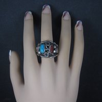 Mens Vintage Navajo Turquoise and Coral Ring Size 13