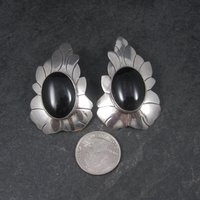 Signed Huge Vintage Southwestern Sterling Onyx Earrings