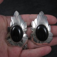 Signed Huge Vintage Southwestern Sterling Onyx Earrings