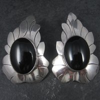 Signed Huge Vintage Southwestern Sterling Onyx Earrings