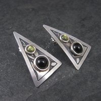 Modern Sterling Onyx Peridot Triangle Earrings