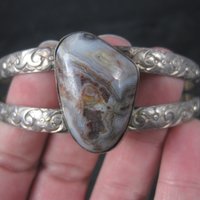 Vintage Sterling Floral Agate Cuff Bracelet 7 Inches