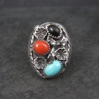 Heavy Vintage Navajo Coral Turquoise Tigers Eye Ring Size 9 Frances Jones