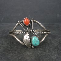 Vintage Southwestern 60s Sterling Coral Turquoise Cuff Bracelet 5.75 Inches