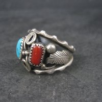 Mens Vintage Navajo Turquoise and Coral Ring Size 13