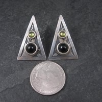 Modern Sterling Onyx Peridot Triangle Earrings