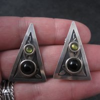 Modern Sterling Onyx Peridot Triangle Earrings