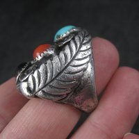 Heavy Vintage Navajo Coral Turquoise Tigers Eye Ring Size 9 Frances Jones