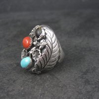 Heavy Vintage Navajo Coral Turquoise Tigers Eye Ring Size 9 Frances Jones