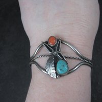 Vintage Southwestern 60s Sterling Coral Turquoise Cuff Bracelet 5.75 Inches