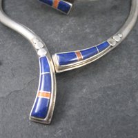 Vintage Southwestern Lapis Coral Inlay Jewelry Set Necklace Cuff Bracelet and Earrings